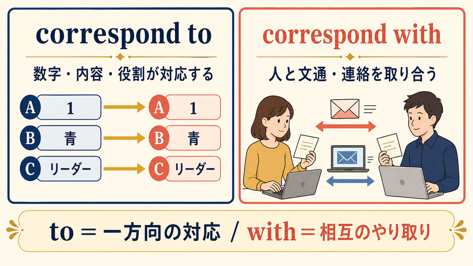 correspond toは対応、correspond withは文通や連絡を表す違いを示す比較図
