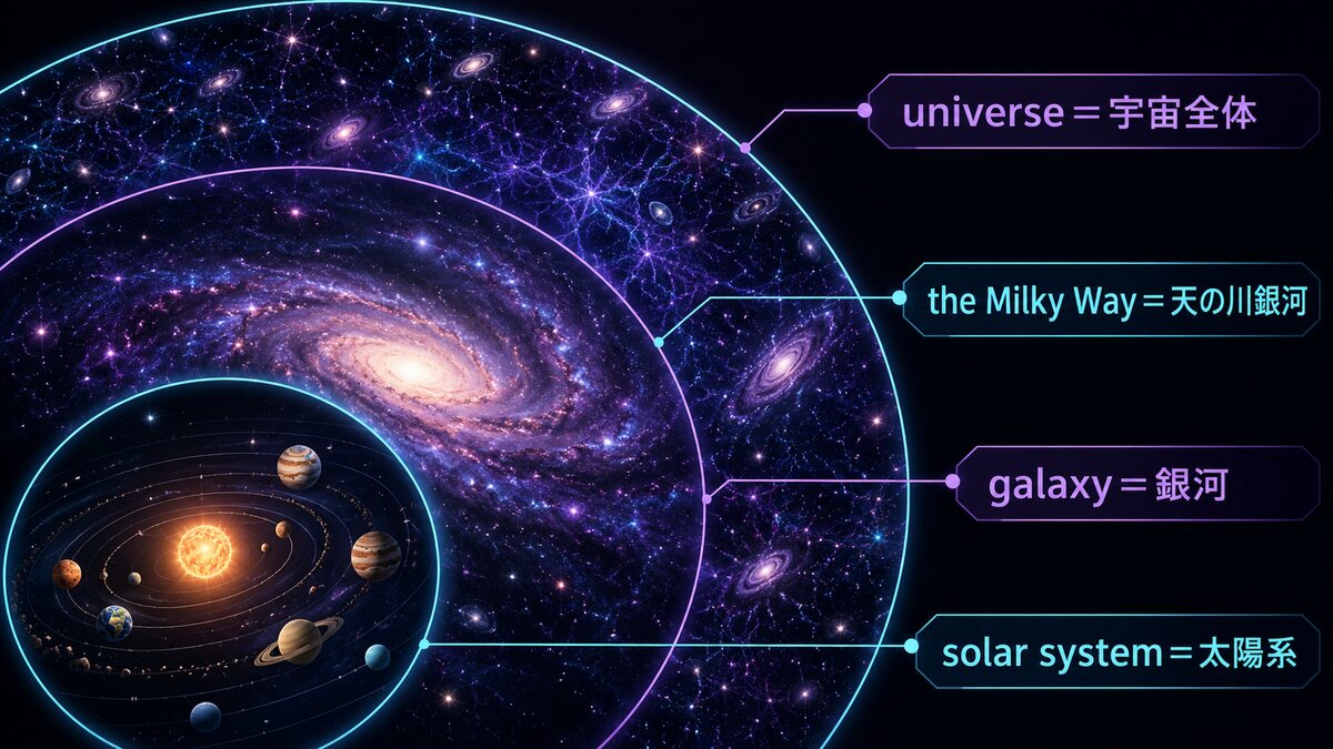 solar system、galaxy、the Milky Way、universeの階層を示す図解