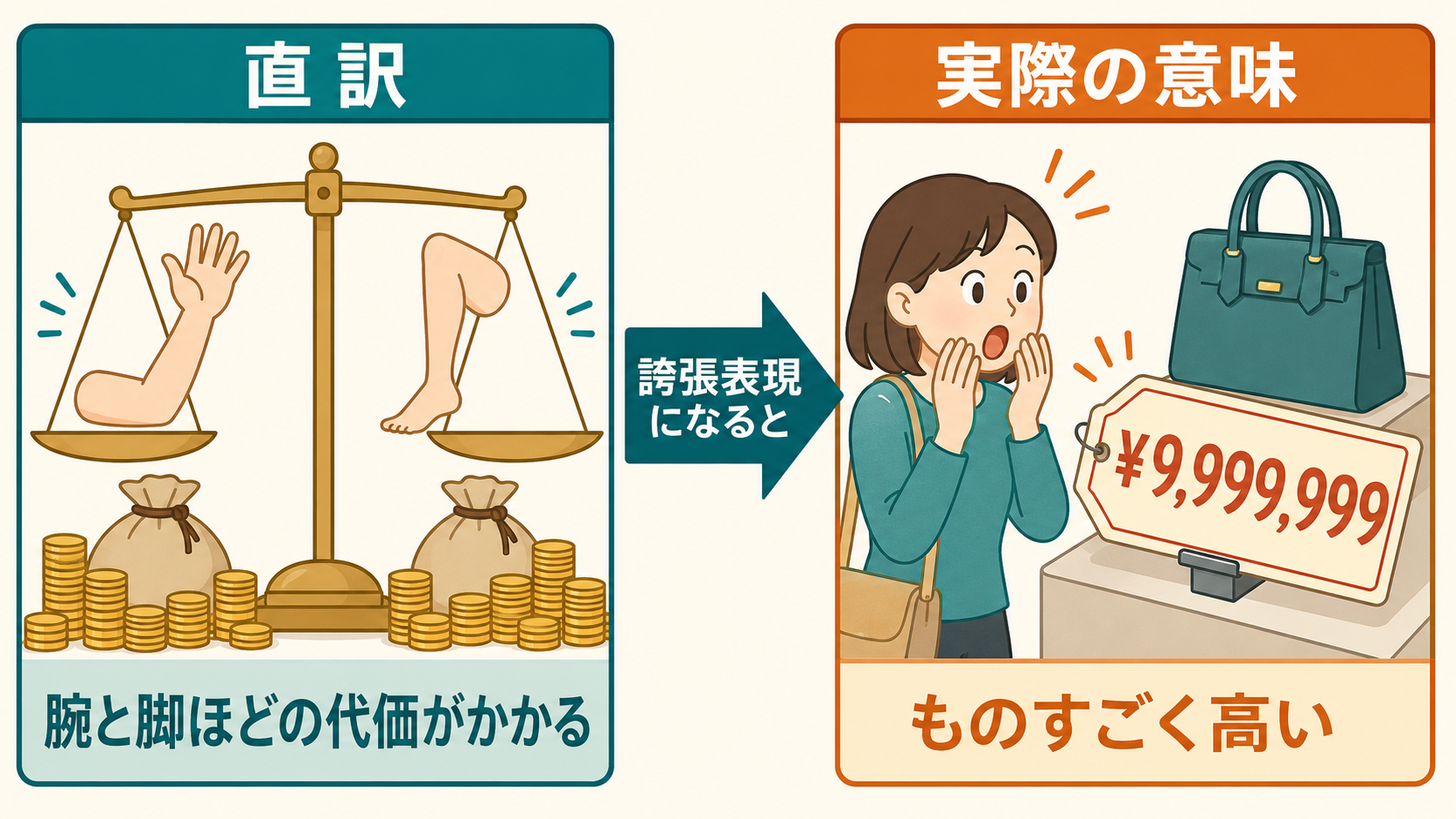 cost an arm and a legの直訳「腕と脚ほどの代価がかかる」から「ものすごく高い」への意味の変化