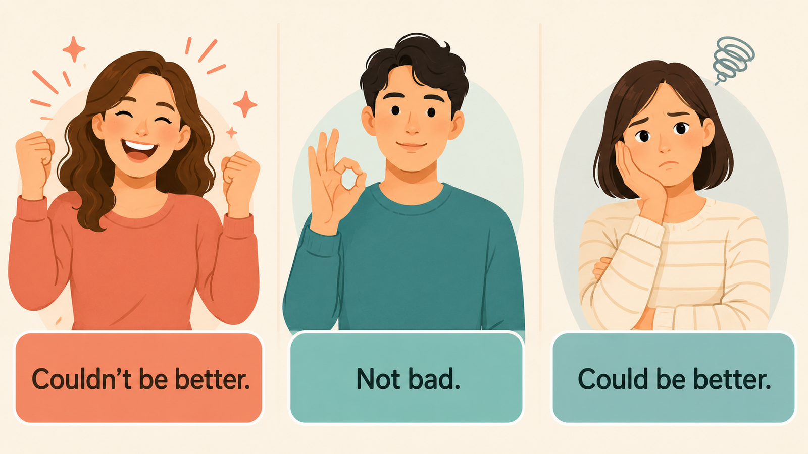Couldn’t be better・Not bad・Could be betterのニュアンス比較