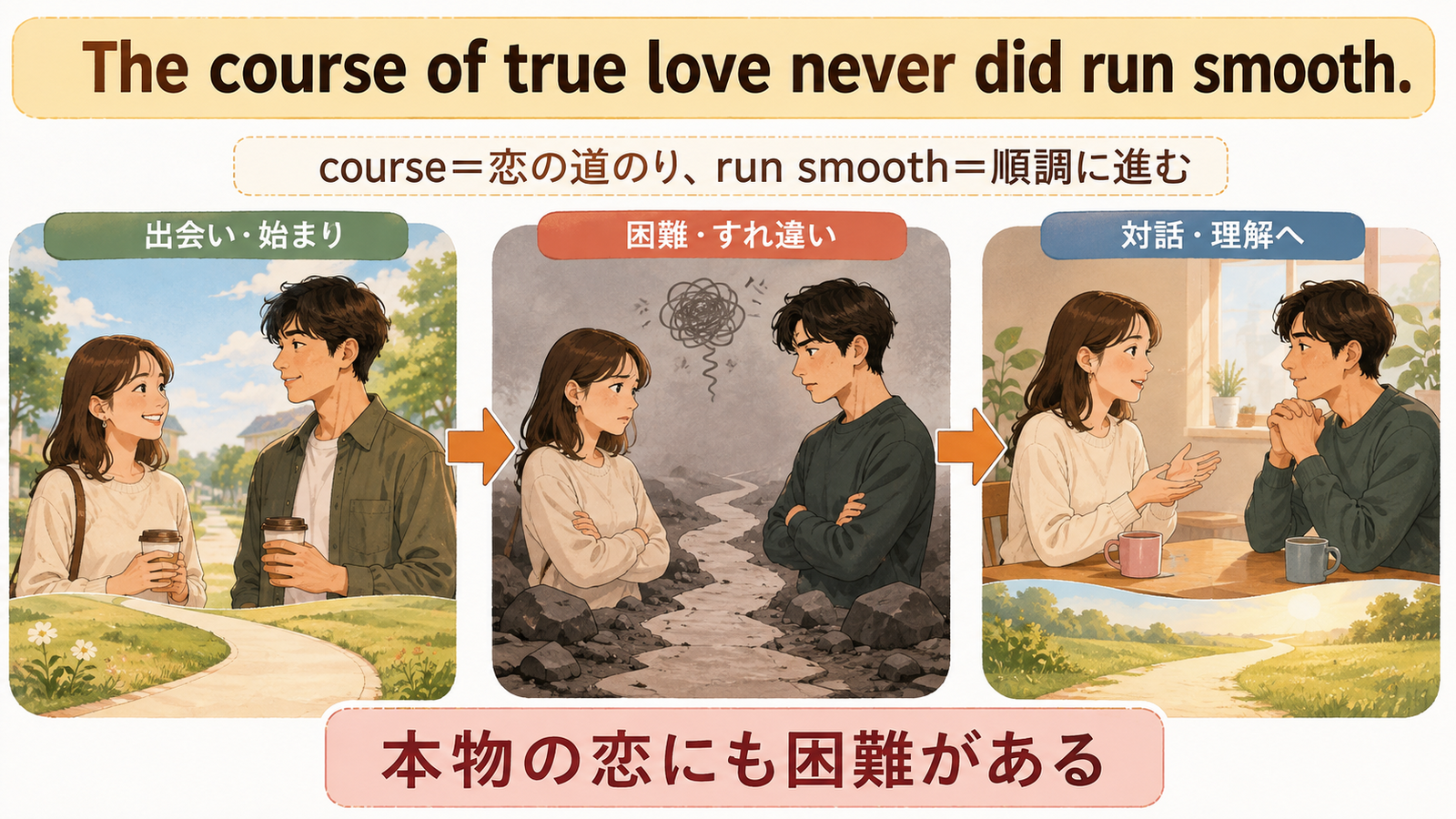 The course of true love never did run smoothの語句・構造・ニュアンスを示す解説図