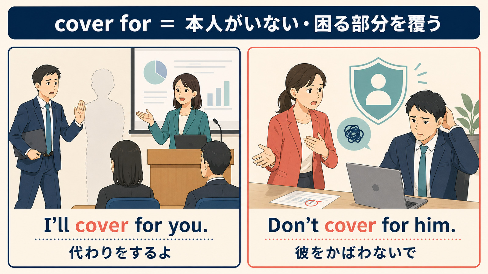 cover forの2つの意味：I’ll cover for youとDon’t cover for him