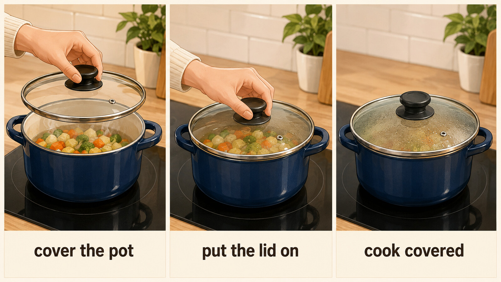 cover the pot、put the lid on、cook coveredの違いを鍋と蓋の動作で示す比較イラスト
