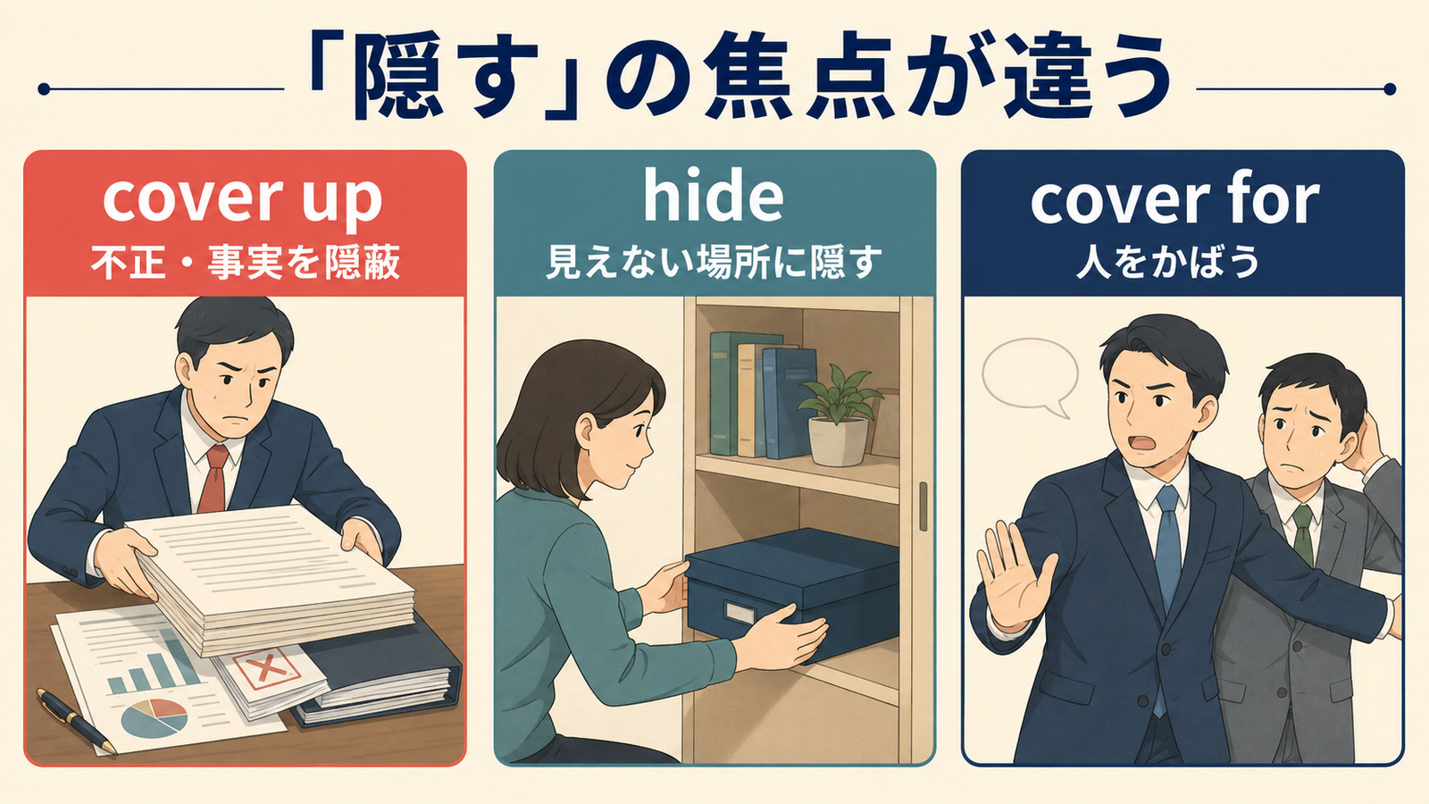 cover up・hide・cover forの「隠す」の焦点の違い