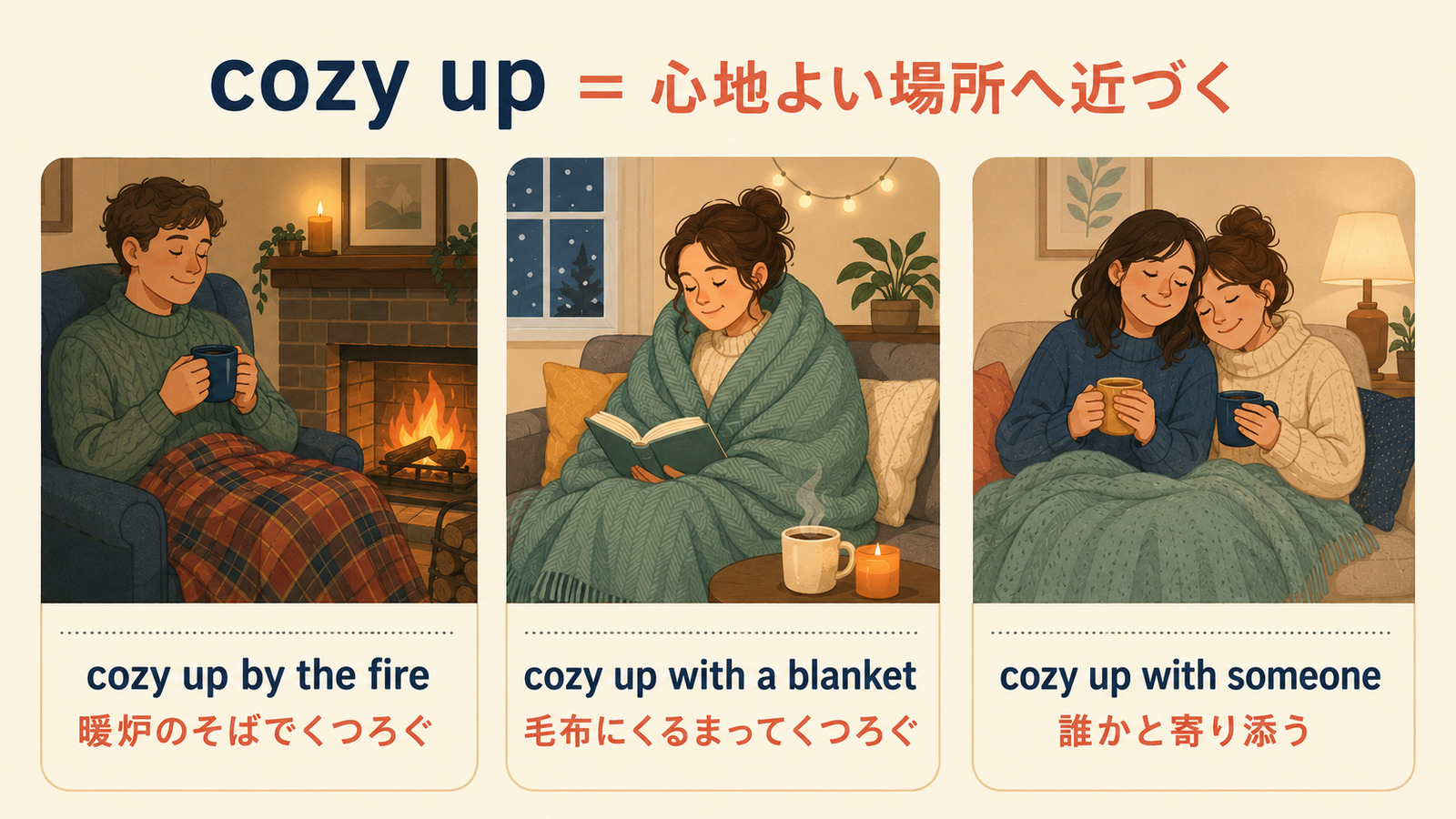 cozy up by the fire・with a blanket・with someoneの使い方