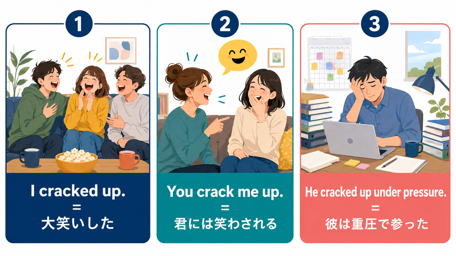 I cracked up・You crack me up・crack up under pressureの語順と意味