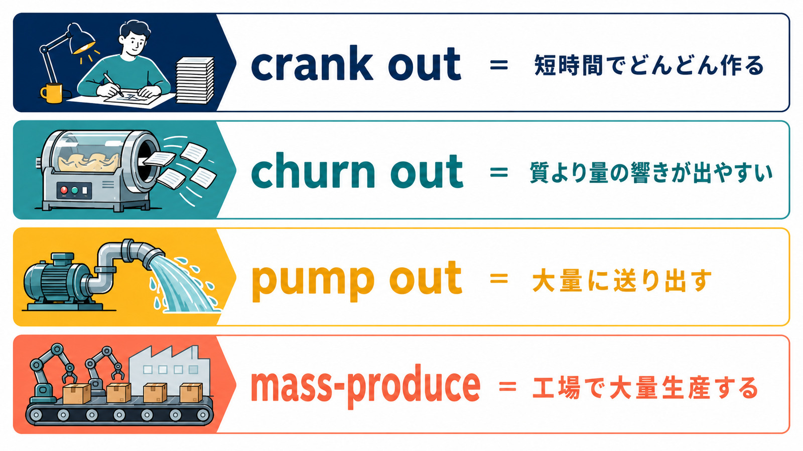 crank out・churn out・pump out・mass-produceの違い