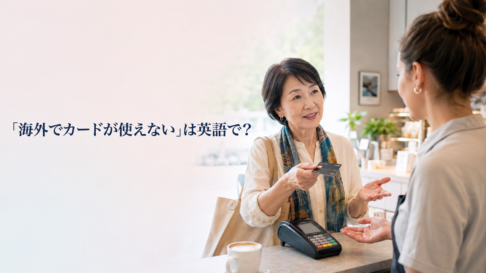 海外の店でクレジットカードが使えず店員に相談する女性
