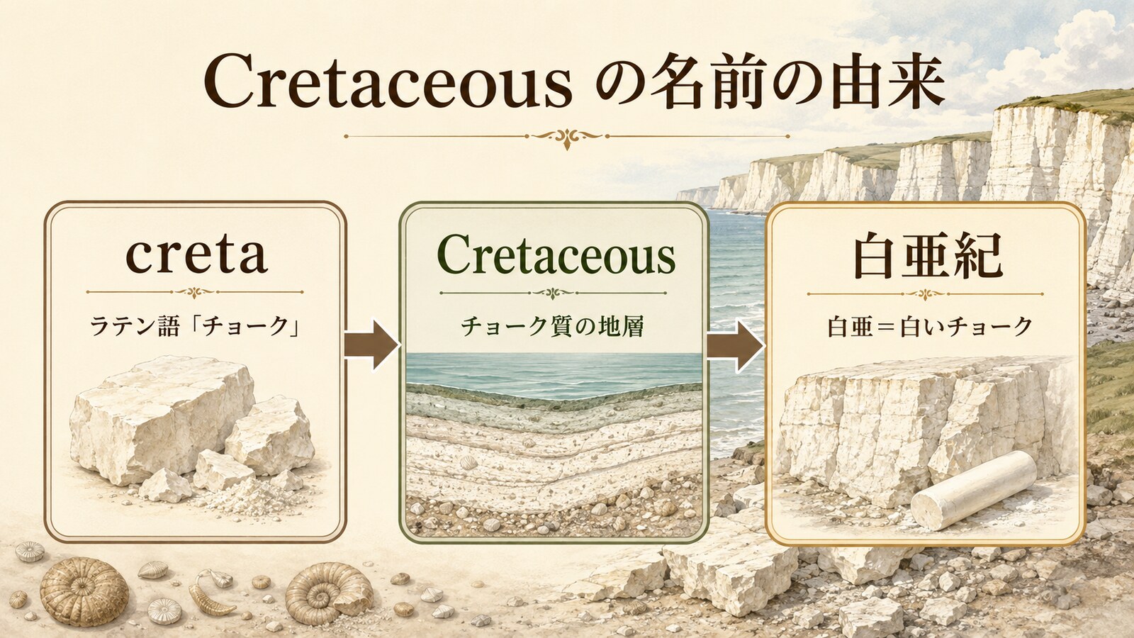 Cretaceousと白亜紀の名前がラテン語cretaとチョークに由来することを示す図
