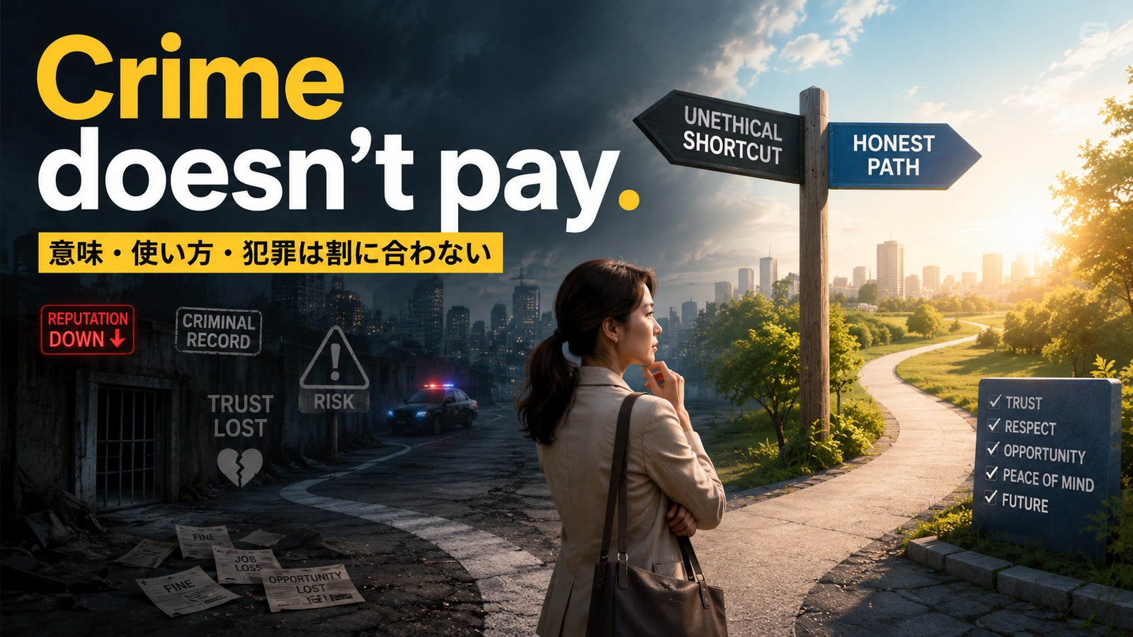 Crime doesn't pay.の意味・使い方を解説するアイキャッチ画像