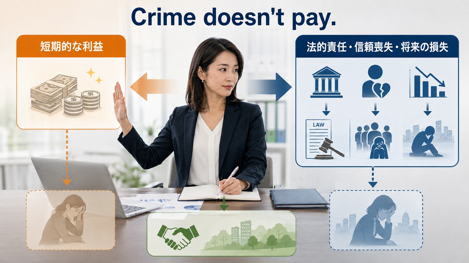 Crime doesn't pay.の直訳・ニュアンス・注意点を比較する解説イラスト