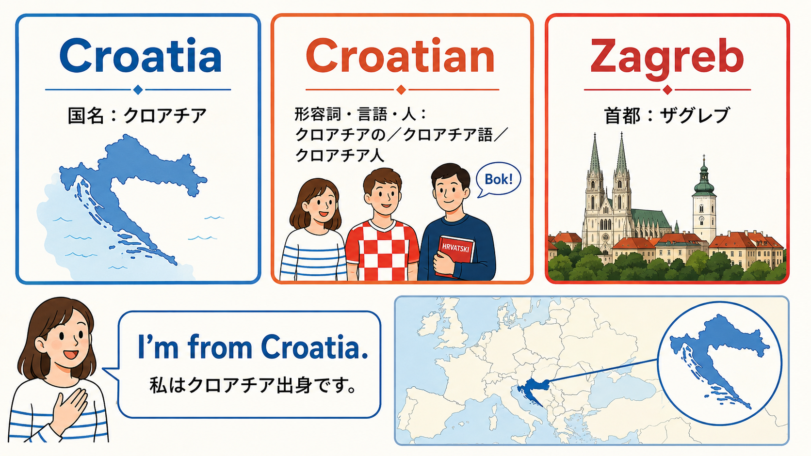 Croatiaは国名、Croatianは形容詞・言語・人、Zagrebは首都を示す図解
