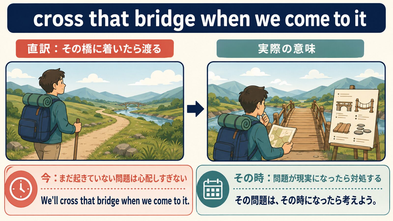 cross that bridge when we come to itの直訳と実際の意味を時間の流れで比較する解説イラスト