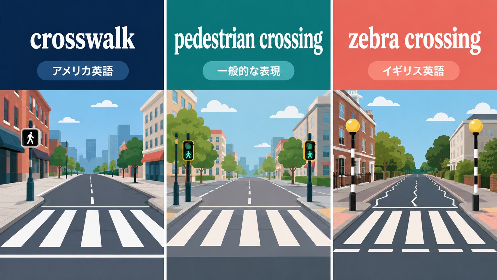 crosswalk・pedestrian crossing・zebra crossingの米英差