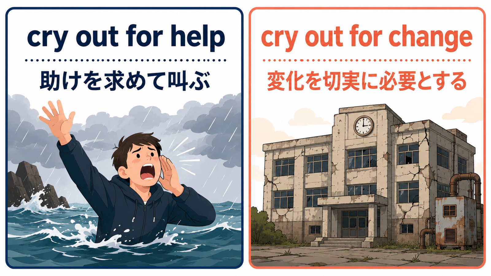 cry out for helpとcry out for changeの意味を比較する解説イラスト