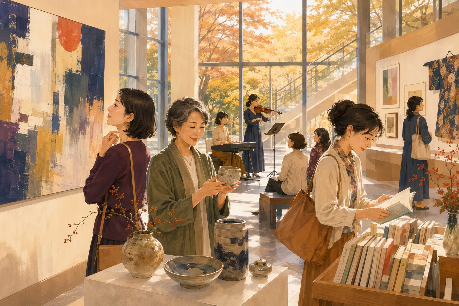 文化の日に美術館で絵画、音楽、本、陶芸など幅広い文化を楽しむ女性たち