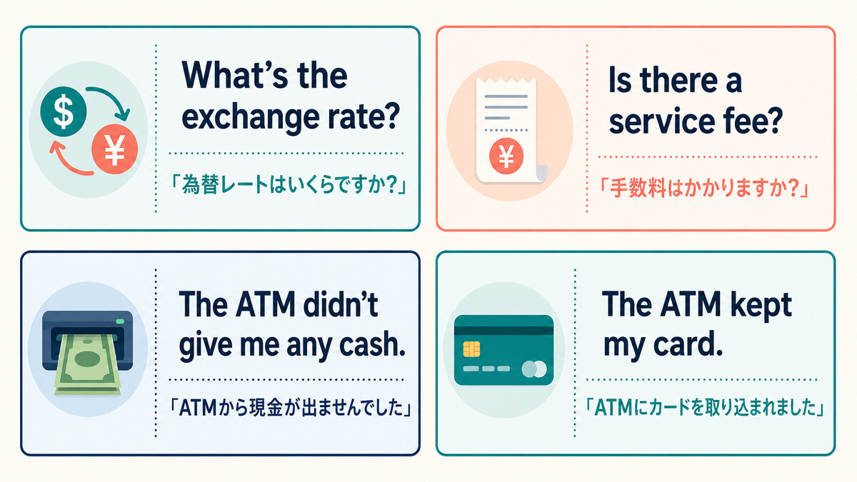 為替レート・手数料・ATMの現金・カードトラブルを伝える英語4選