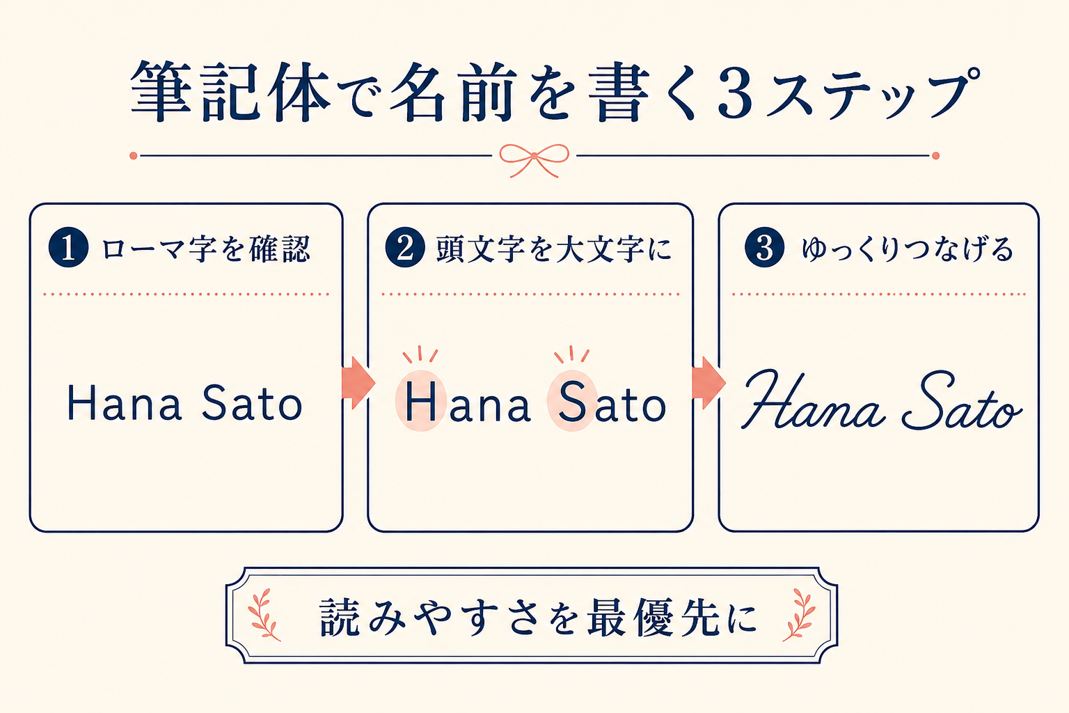 ローマ字を確認して頭文字を大文字にし、筆記体で名前をつなげる3ステップ