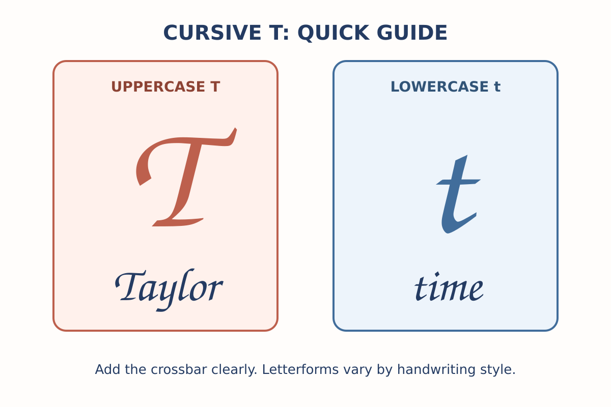 筆記体の大文字Tと小文字t、Taylorとtimeのつなげ方例