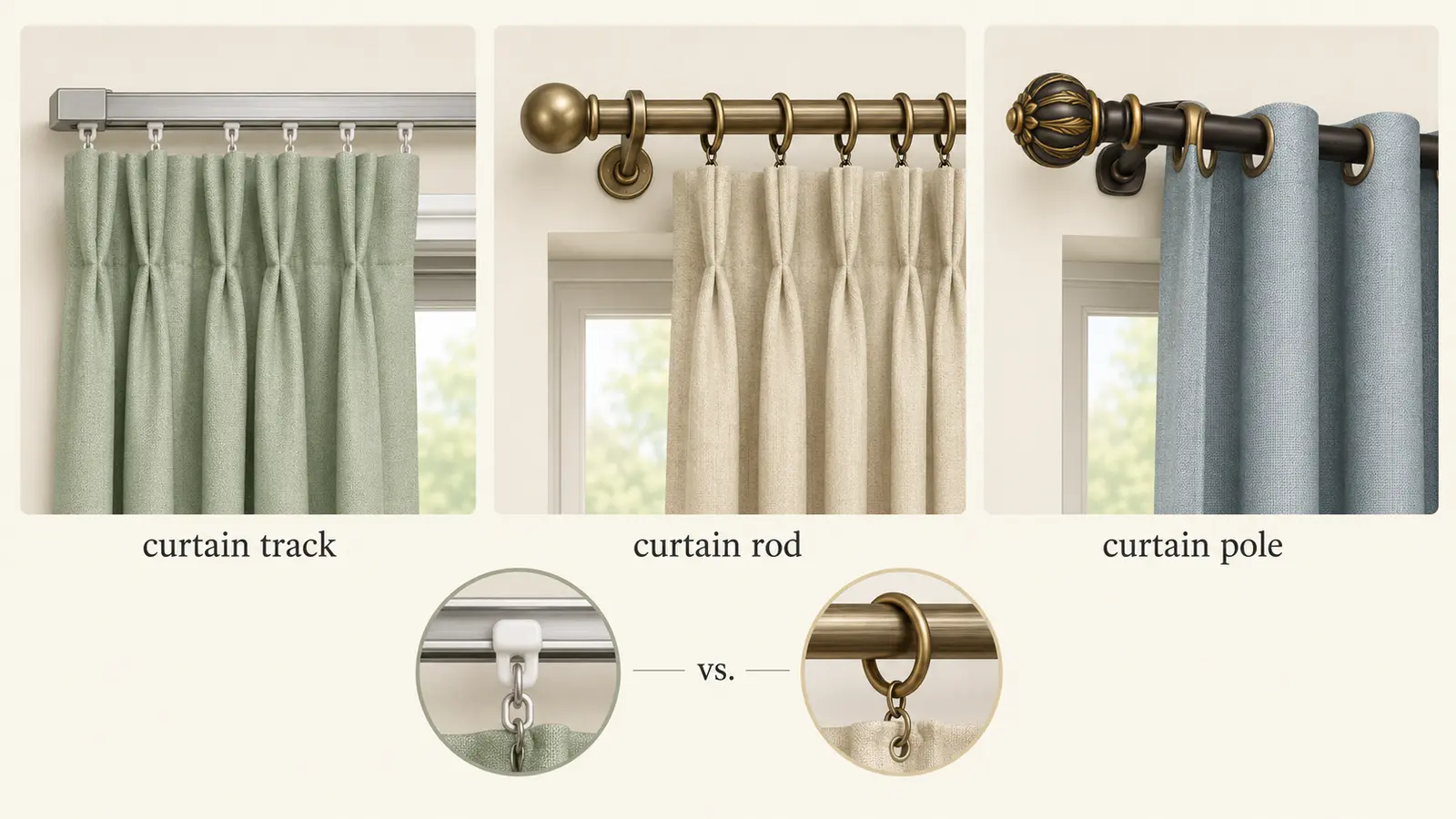 curtain track、curtain rod、curtain poleの取り付け構造を比較した英語学習イラスト