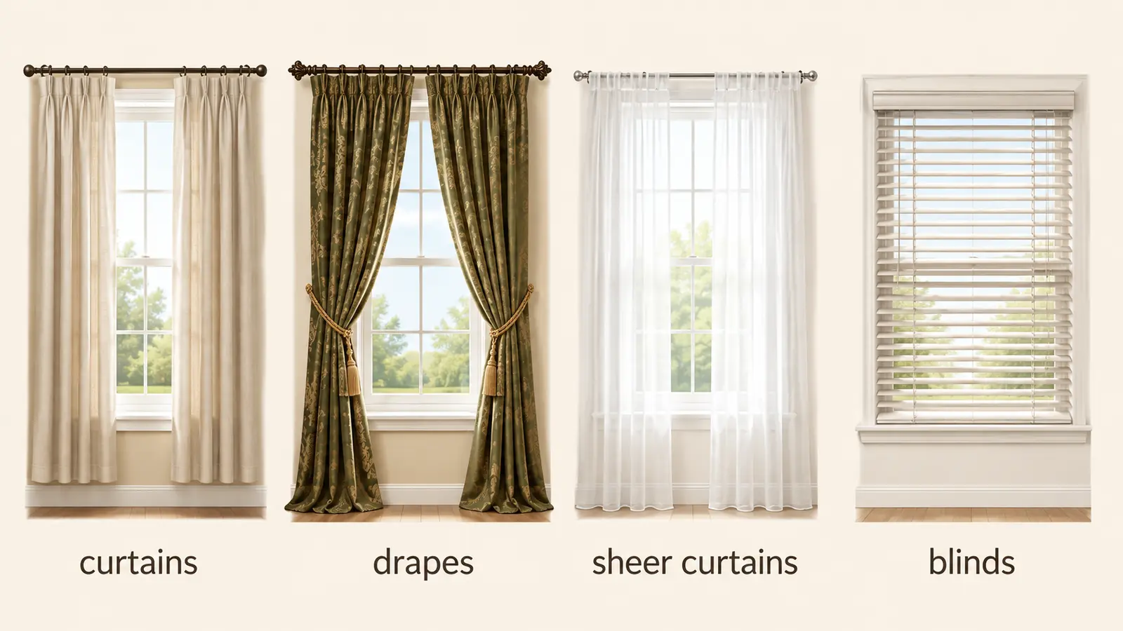 curtains、drapes、sheer curtains、blindsの4種類を比較した英語学習イラスト