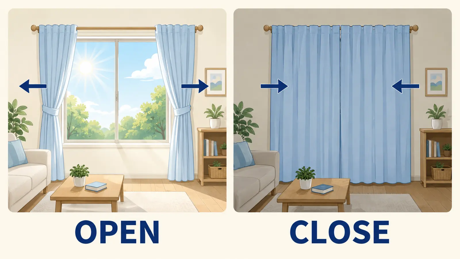 カーテンを左右へ開くOPENと中央へ閉じるCLOSEの動作を比較した図