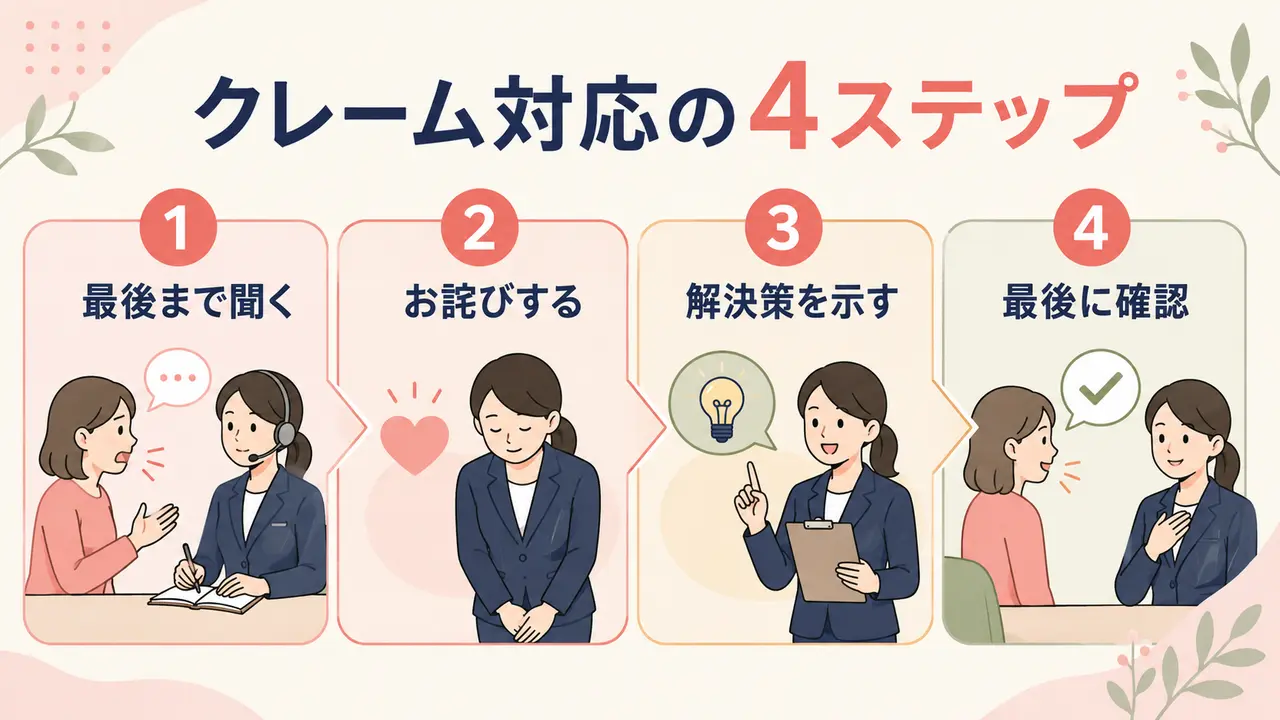 英語でのクレーム対応を聞く・謝罪・解決策・確認の4段階で示す図解