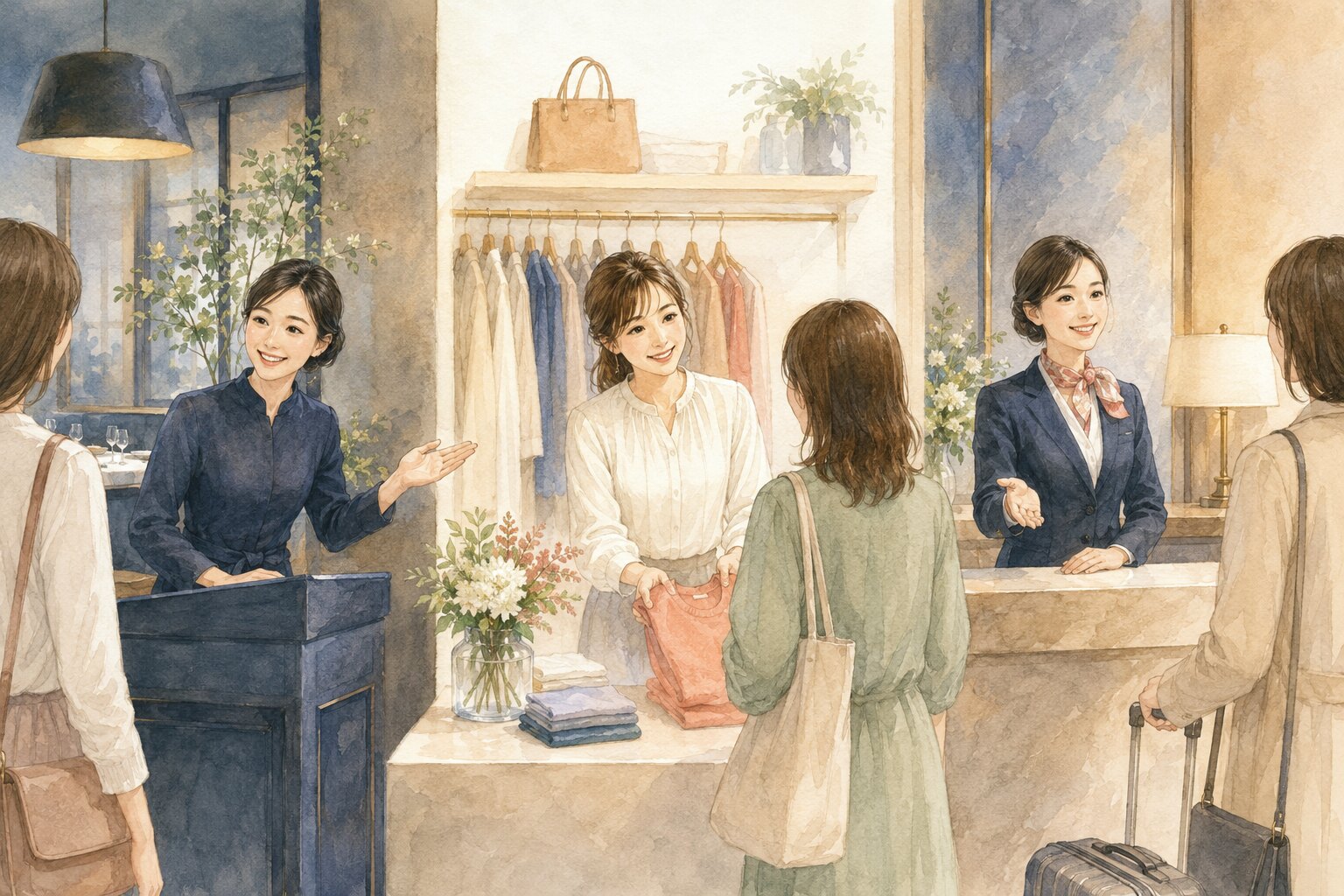 レストラン・ショップ・ホテルでお客様を迎える女性スタッフの水彩イラスト