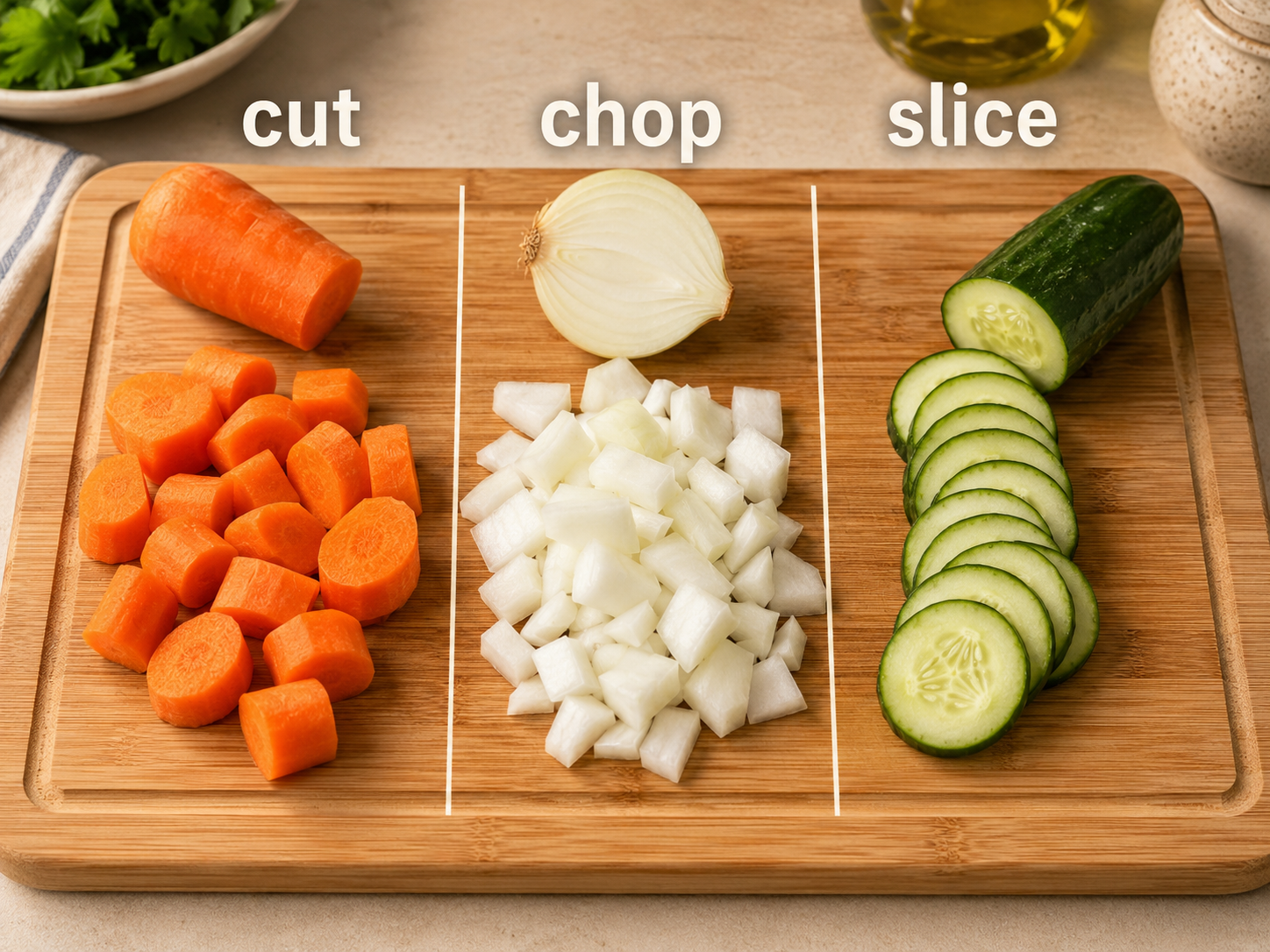 cutは一般的に切る、chopはざくざく刻む、sliceは薄く切る違いの図