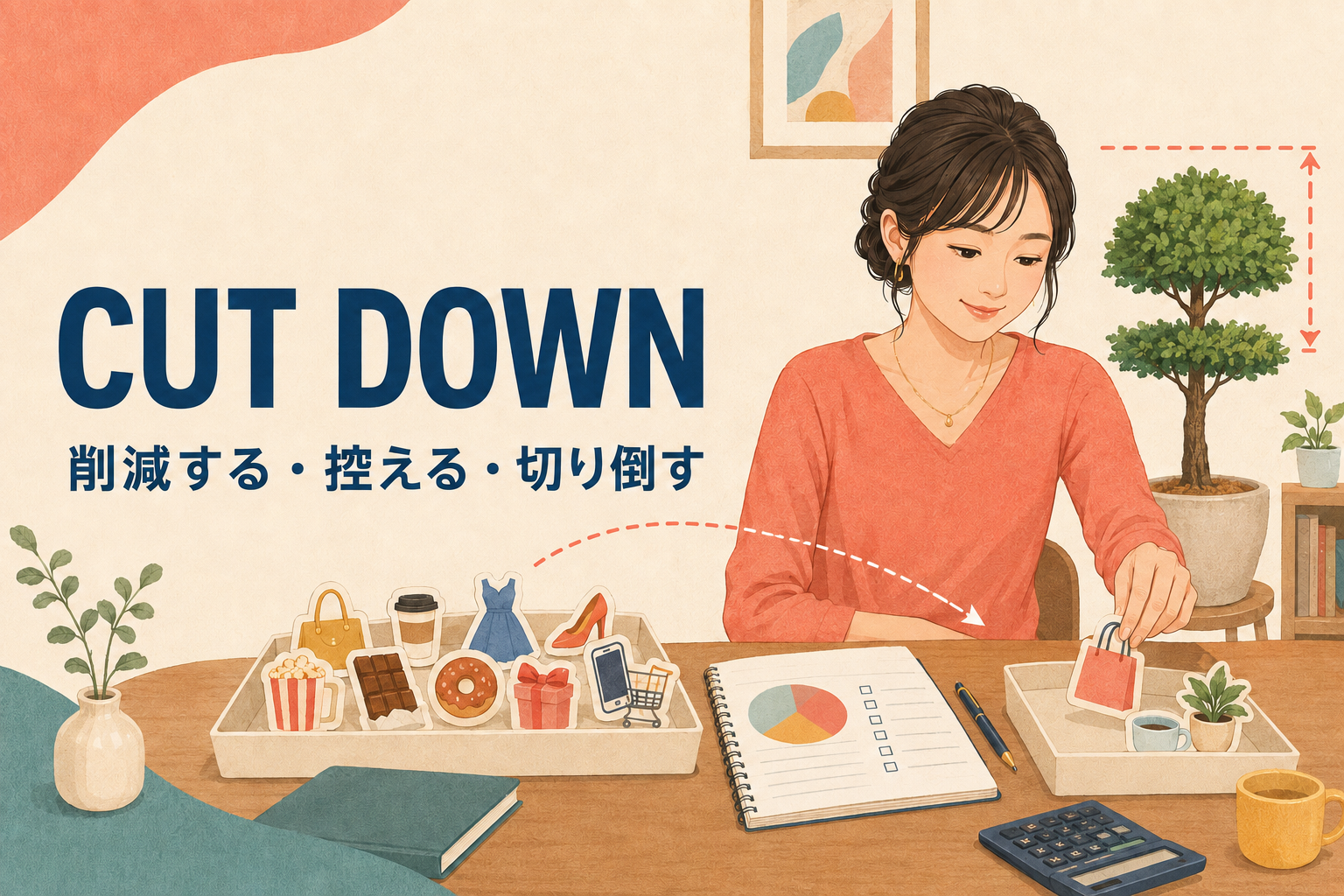 cut downの意味「削減する・控える・切り倒す」を表すアイキャッチ