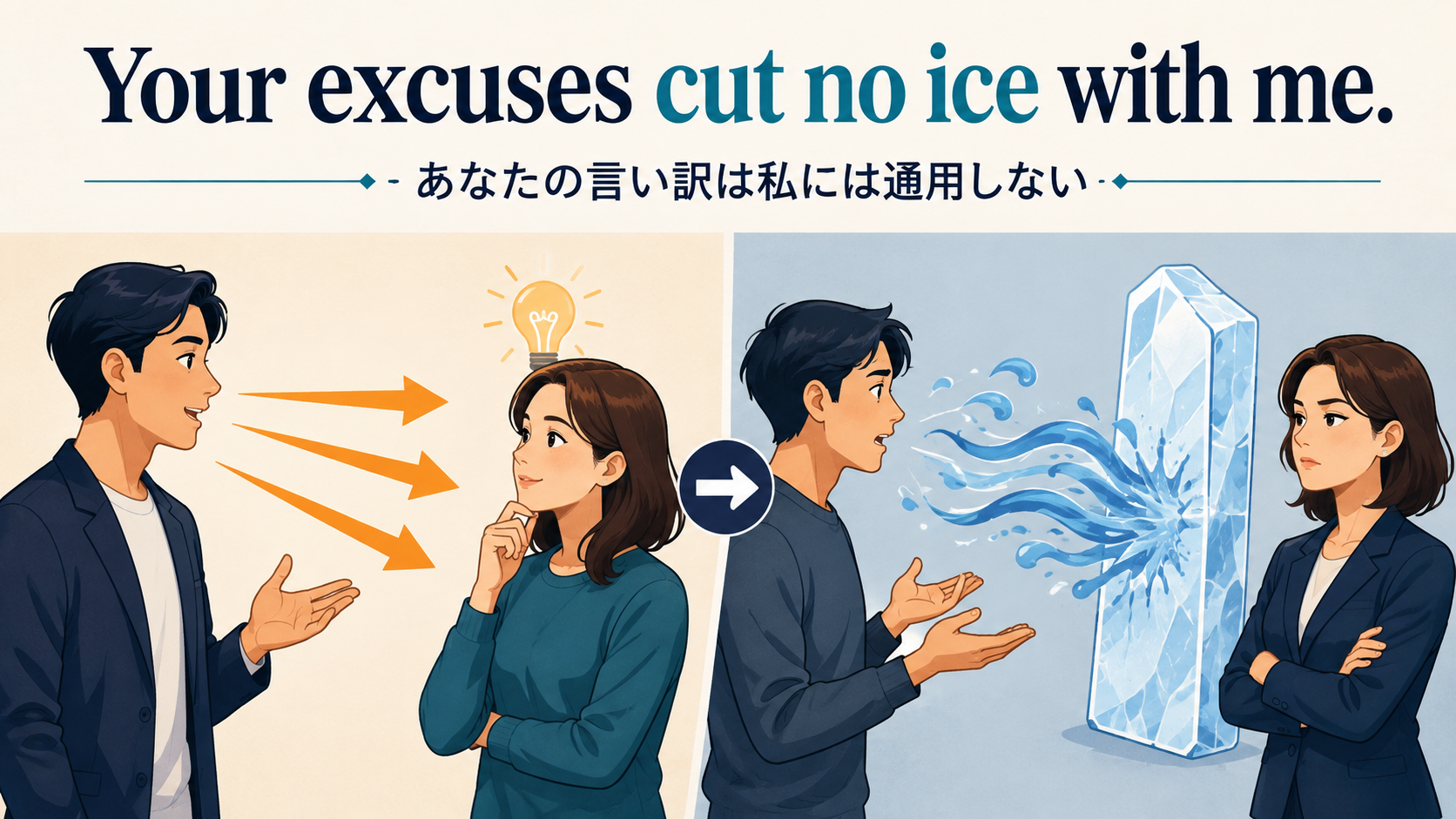 Your excuses cut no ice with meは言い訳が相手に通用しないイメージ