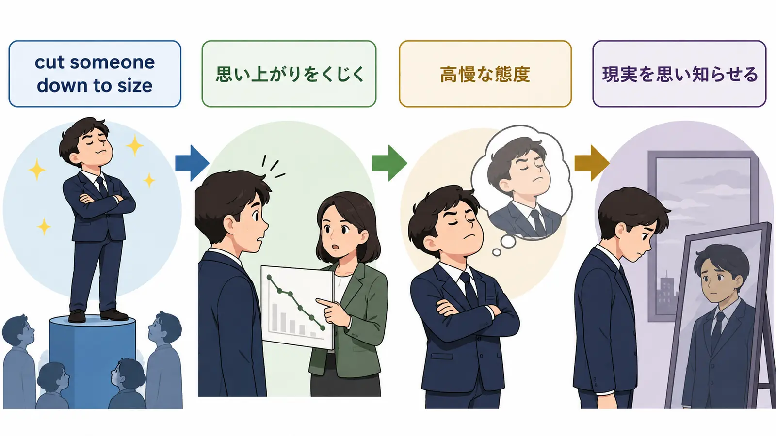 cut someone down to sizeの直訳と実際の意味を説明するイラスト