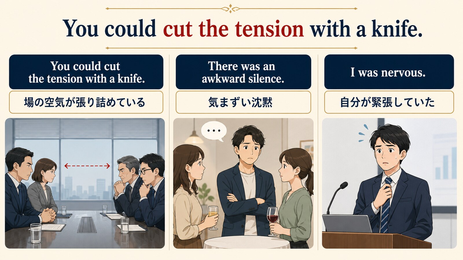 You could cut the tension with a knife、awkward silence、I was nervousの違い