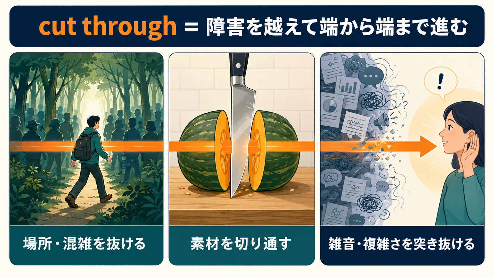 cut throughの場所や混雑を抜ける、素材を切り通す、雑音や複雑さを突き抜ける意味