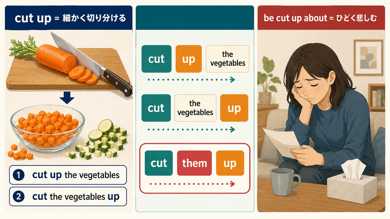 cut upの細かく切る意味、cut them upの語順、be cut up aboutの意味