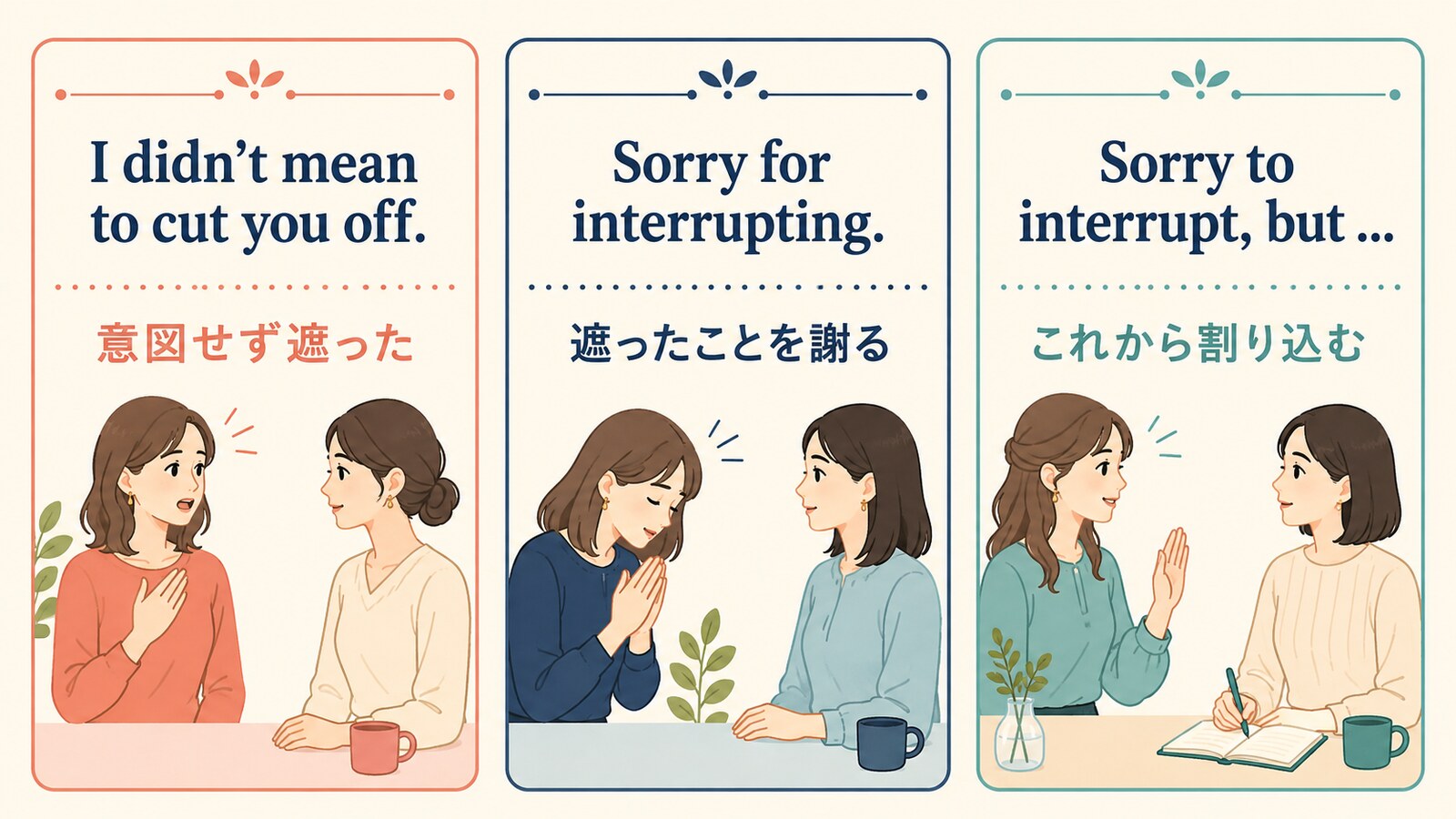 I didn’t mean to cut you off、Sorry for interrupting、Sorry to interruptの違い