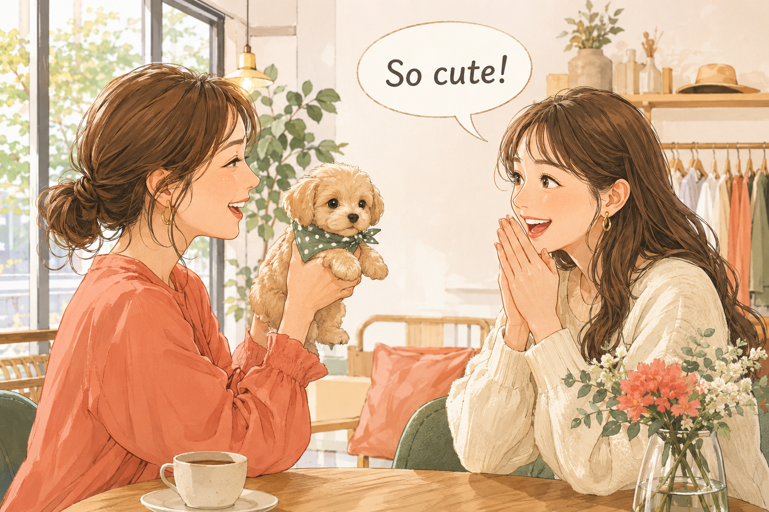 カフェで子犬を見ながら So cute! と話す女性たち