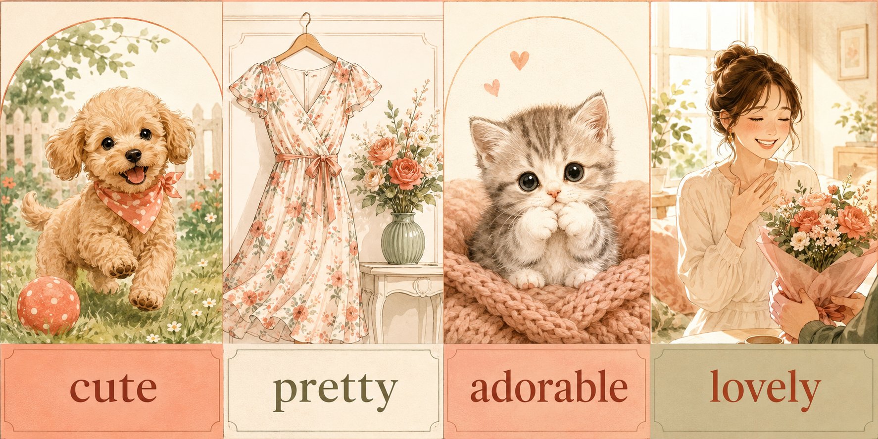 cute、pretty、adorable、lovelyのニュアンスを表した4つのイラスト