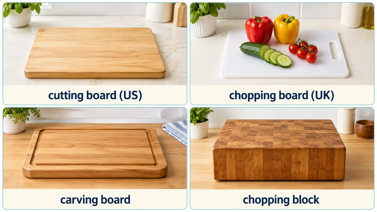 cutting board・chopping board・carving board・chopping blockの比較図