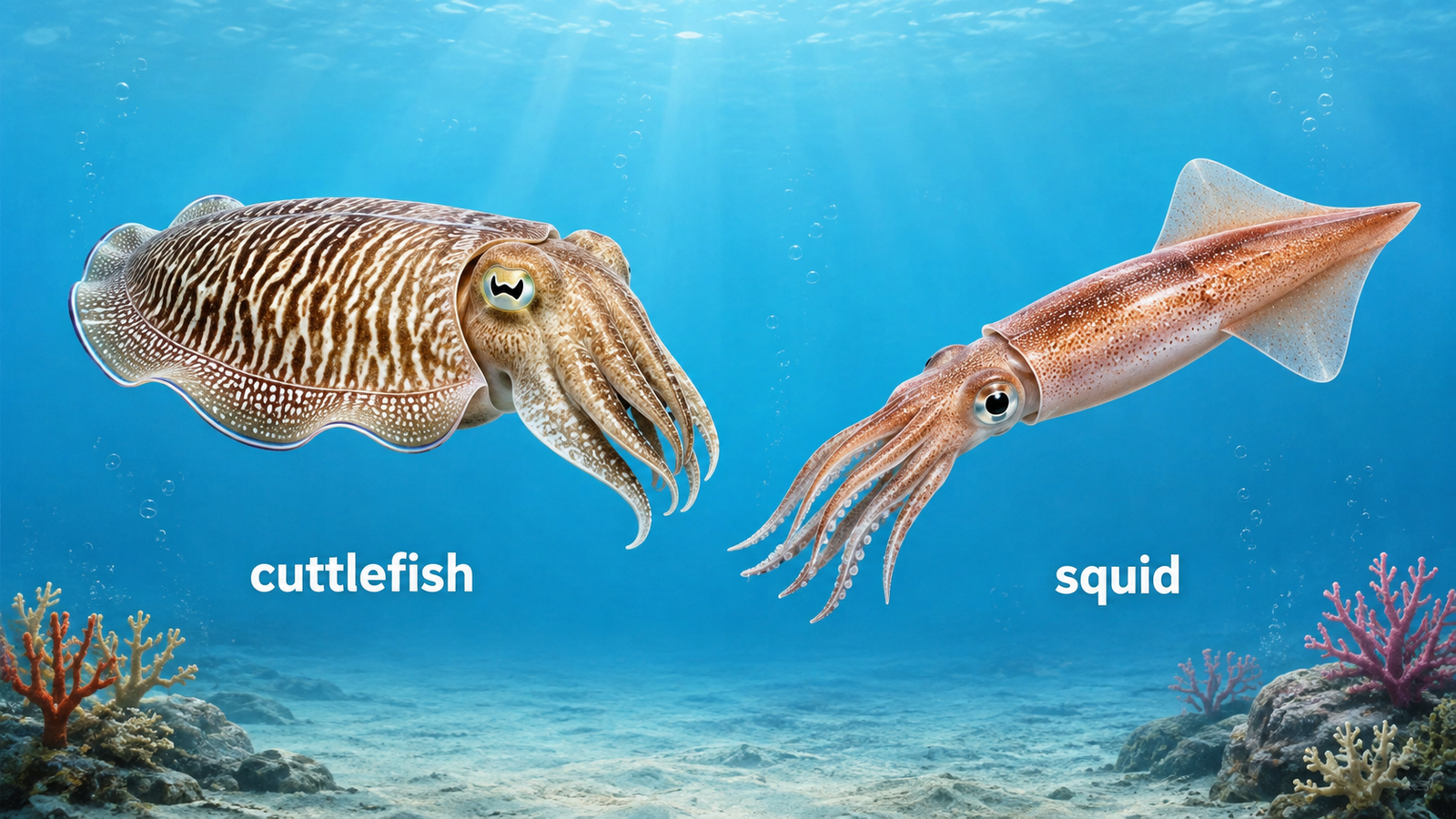 幅広いコウイカcuttlefishと細長いイカsquidの違い