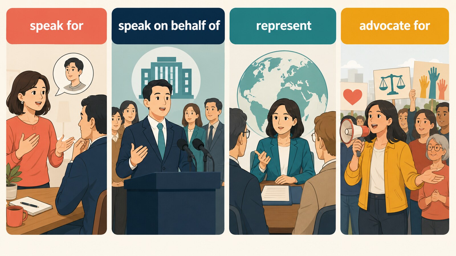 speak for・speak on behalf of・represent・advocate forの使い分け