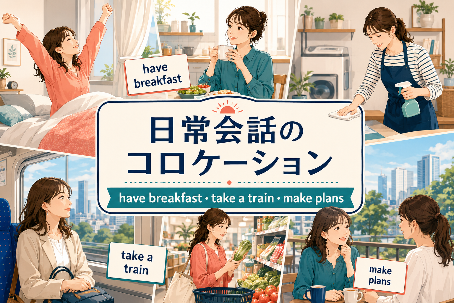 have breakfast・take a train・make plansなど日常会話のコロケーションを示したアイキャッチ