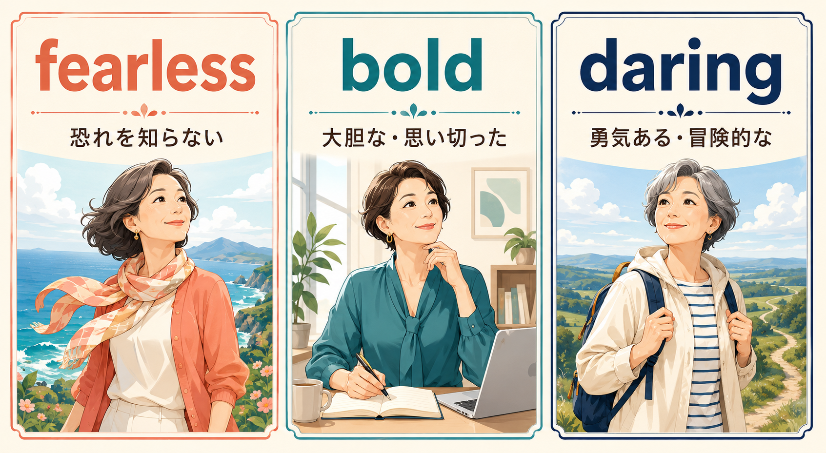 大胆不敵をfearless・bold・daringの英語と日本語で説明する横長イラスト