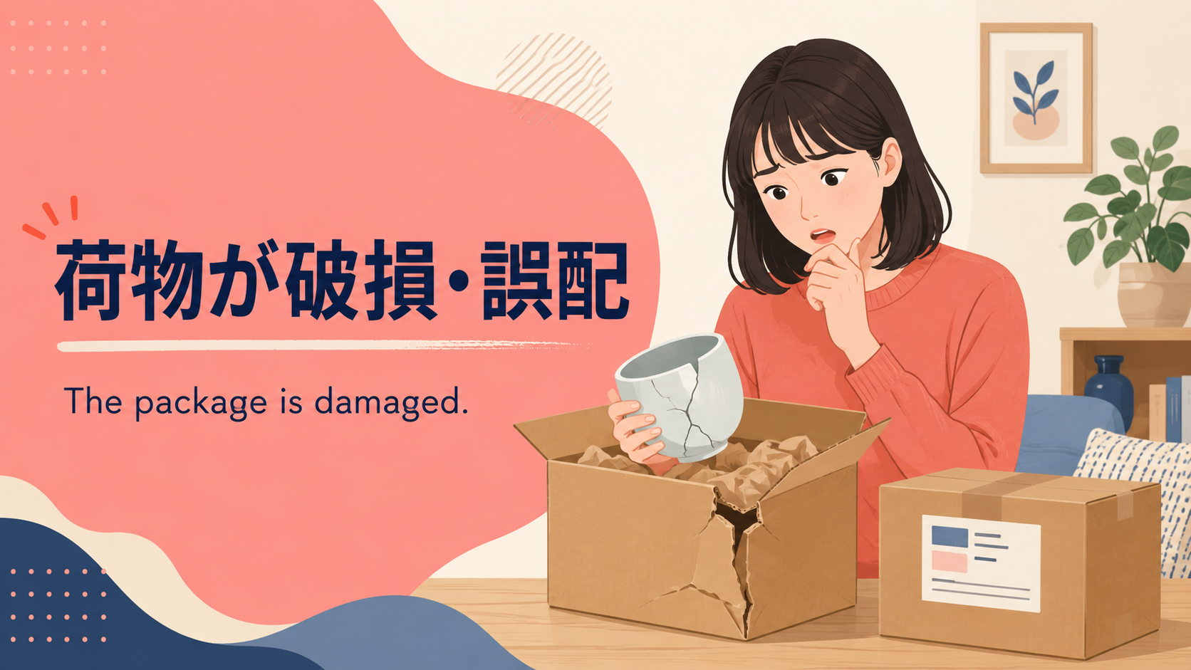 破損した荷物と誤配された荷物を確認する日本人女性とThe package is damagedの英語