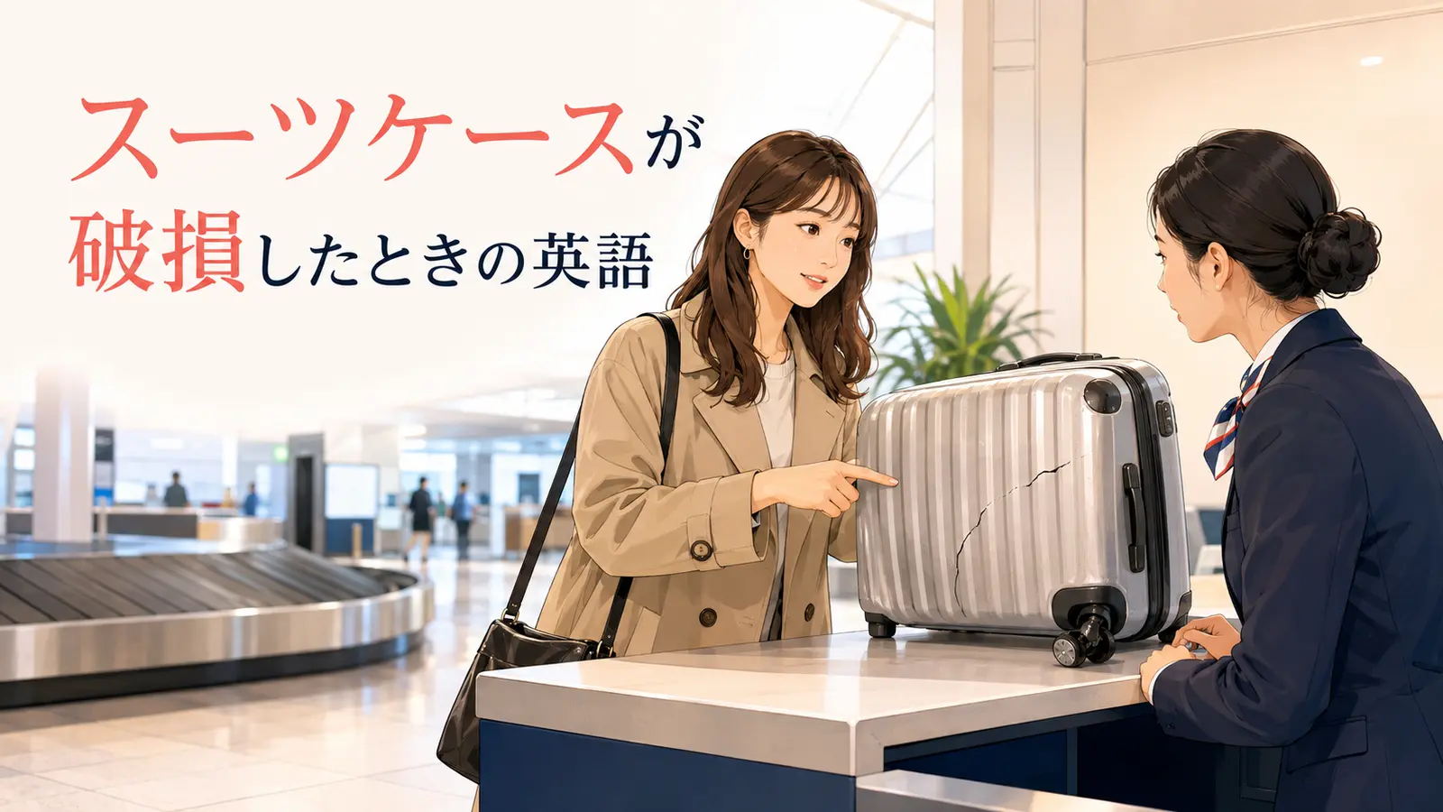 空港で破損したスーツケースを申告する女性