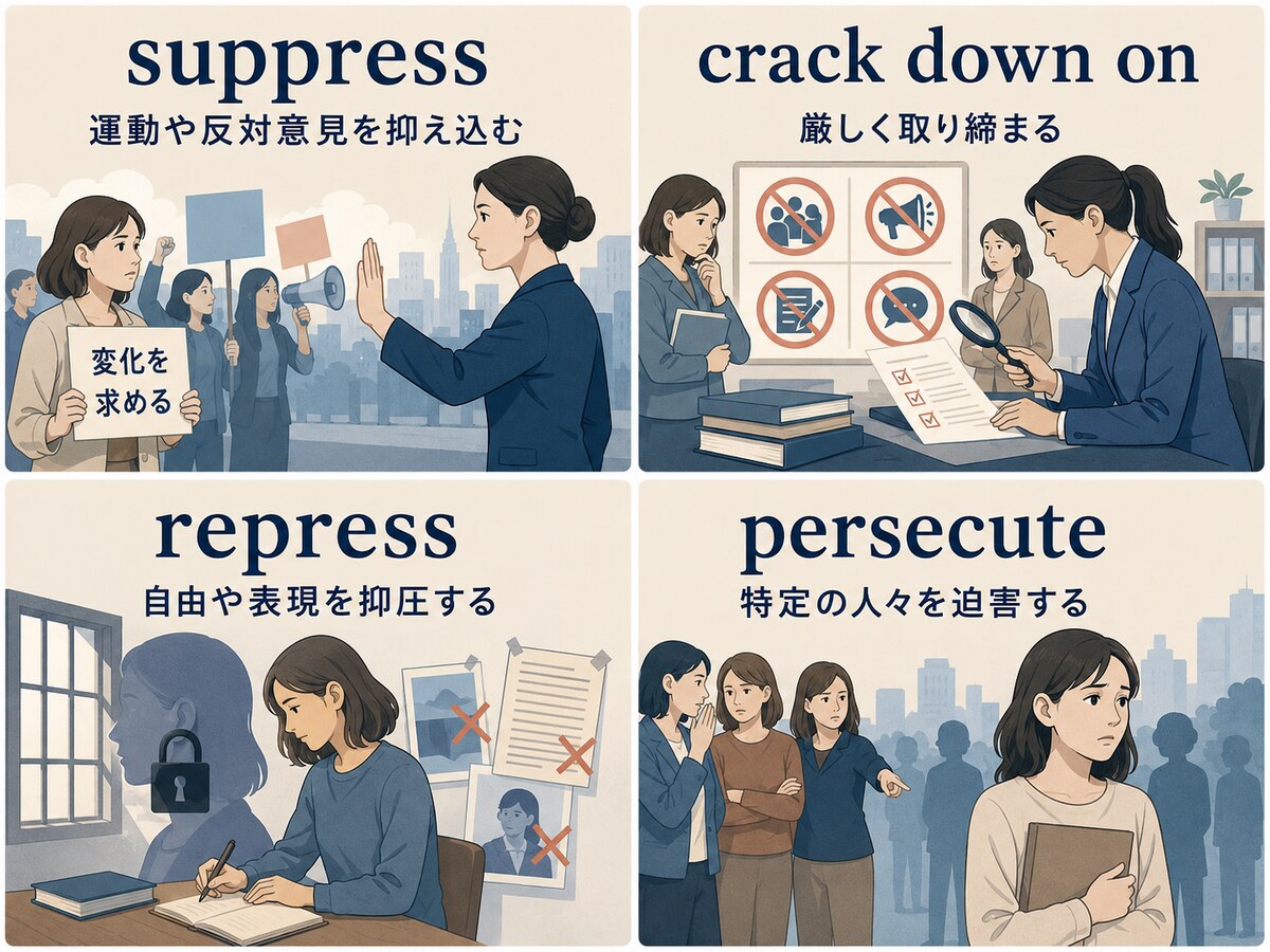 suppress・crack down on・repress・persecuteの違い