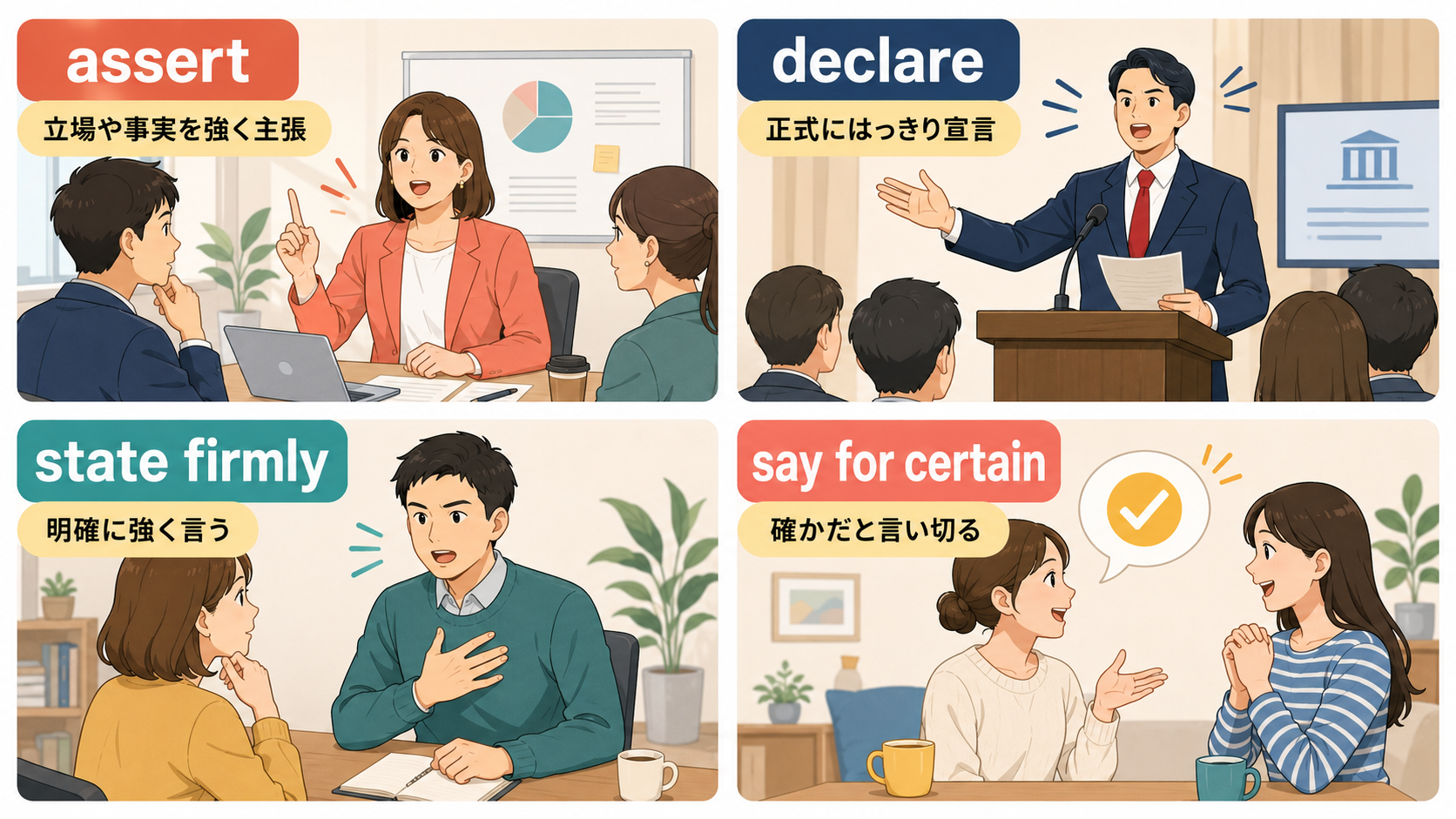 assert・declare・state firmly・say for certainで断言する意味の違い