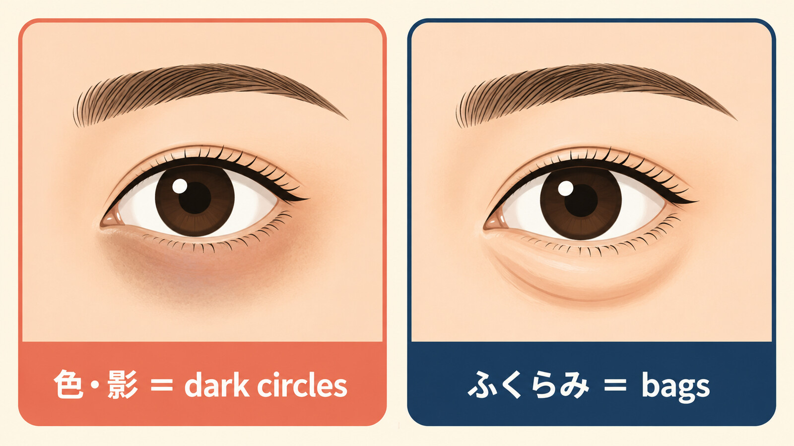 色や影はdark circles、ふくらみはbagsという目の下のクマの英語比較