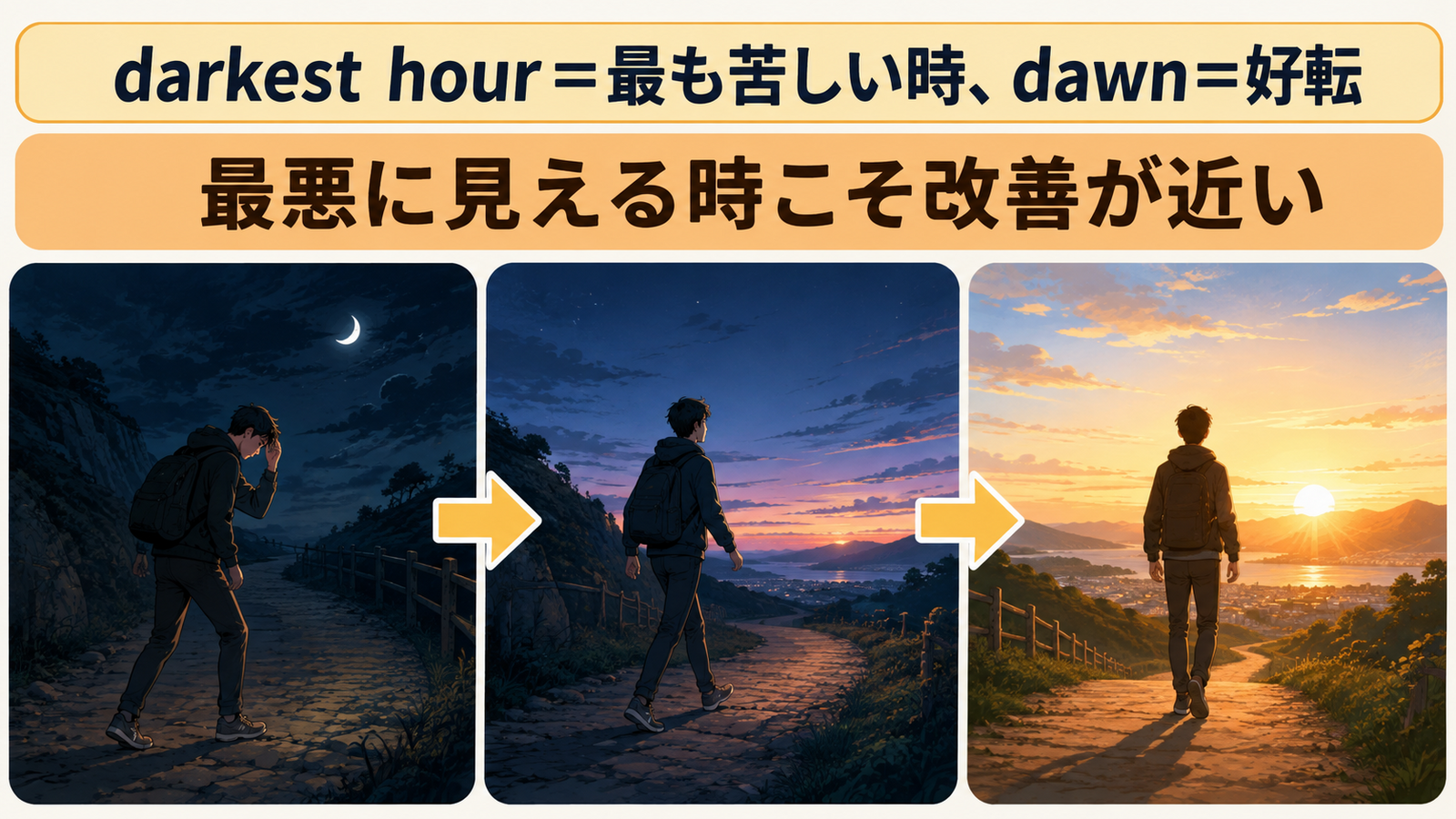 The darkest hour is just before the dawnの語句・構造・ニュアンスを示す解説図