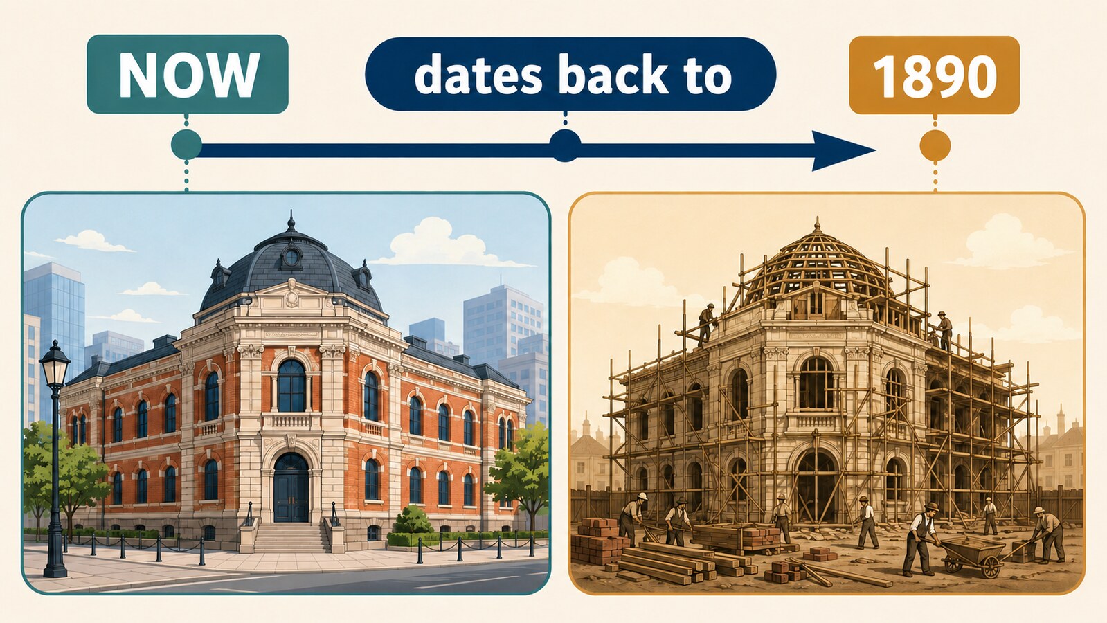 現在から1890年の起源へさかのぼるdate back toの図解